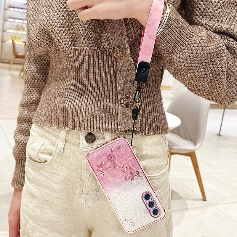 For Samsung Galaxy A73 A56 A53 A52s A72 A54 A55 5G Lens Protection Plating Silicone Soft Phone Case Lanyard Back Cover Cases