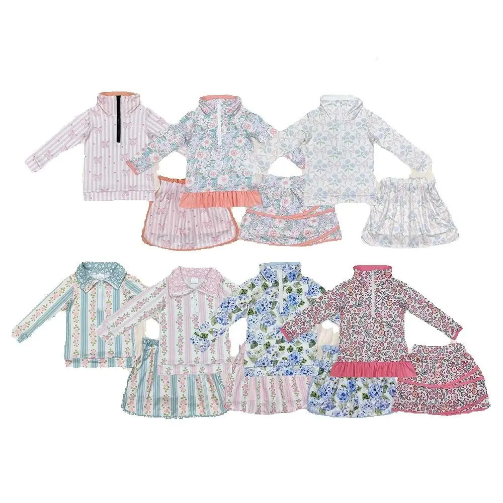 

GLD1009 Wholesale Summer baby girl clothes Floral leaf rose red lace zipper long sleeve skirt sets Boutique kids clothes girl