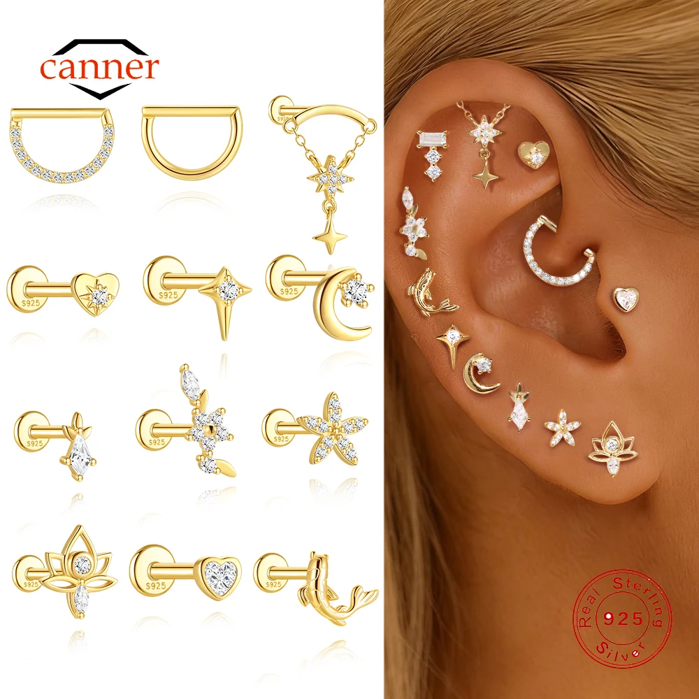 

CANNER 1PC 925 Sterling Silver Flower Geometric CZ Ear Bone Flat Back Puncture Earring For Women Ins Horse Eye Piercing Earrings