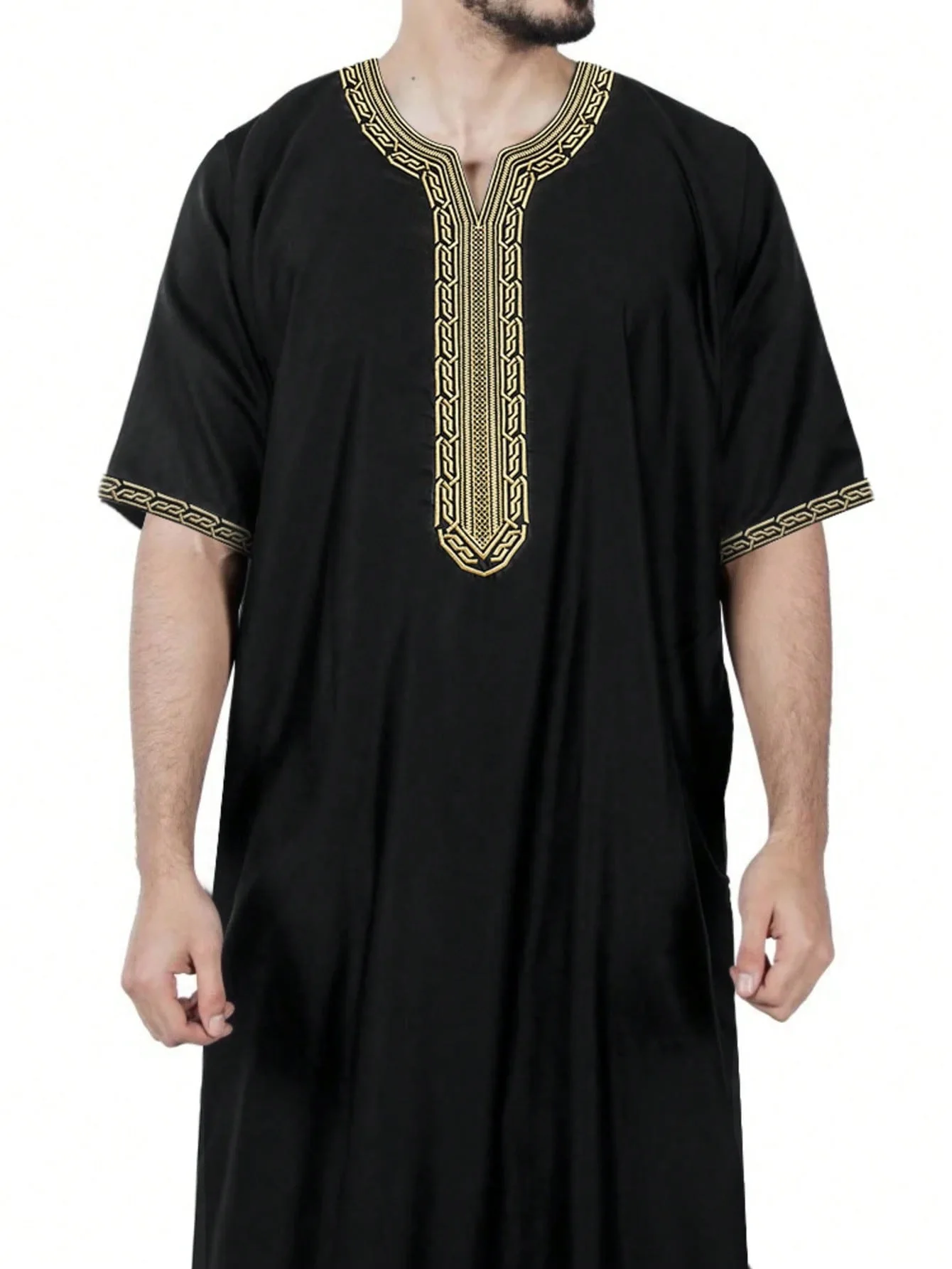 2025 Muslim Robe Short Sleeve Embroidered Robe Moroccan Men's Robe with Side Pockets Abaya Ramadan Dubai Luxury Islam Elegant