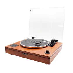 Newest Retro Vinyl Record Player with Three Stereo Speakers and Transparent Dust Cover