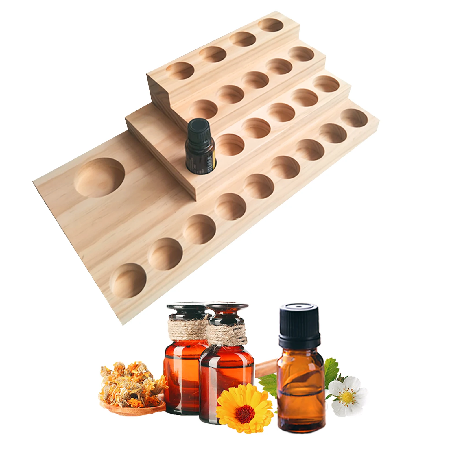 25Slots Desktop Storage Rack Stepped 4-Layer Wooden Essential Oil Storage Shelf Organizer Display Stand For Holding 5/10/15/20ml