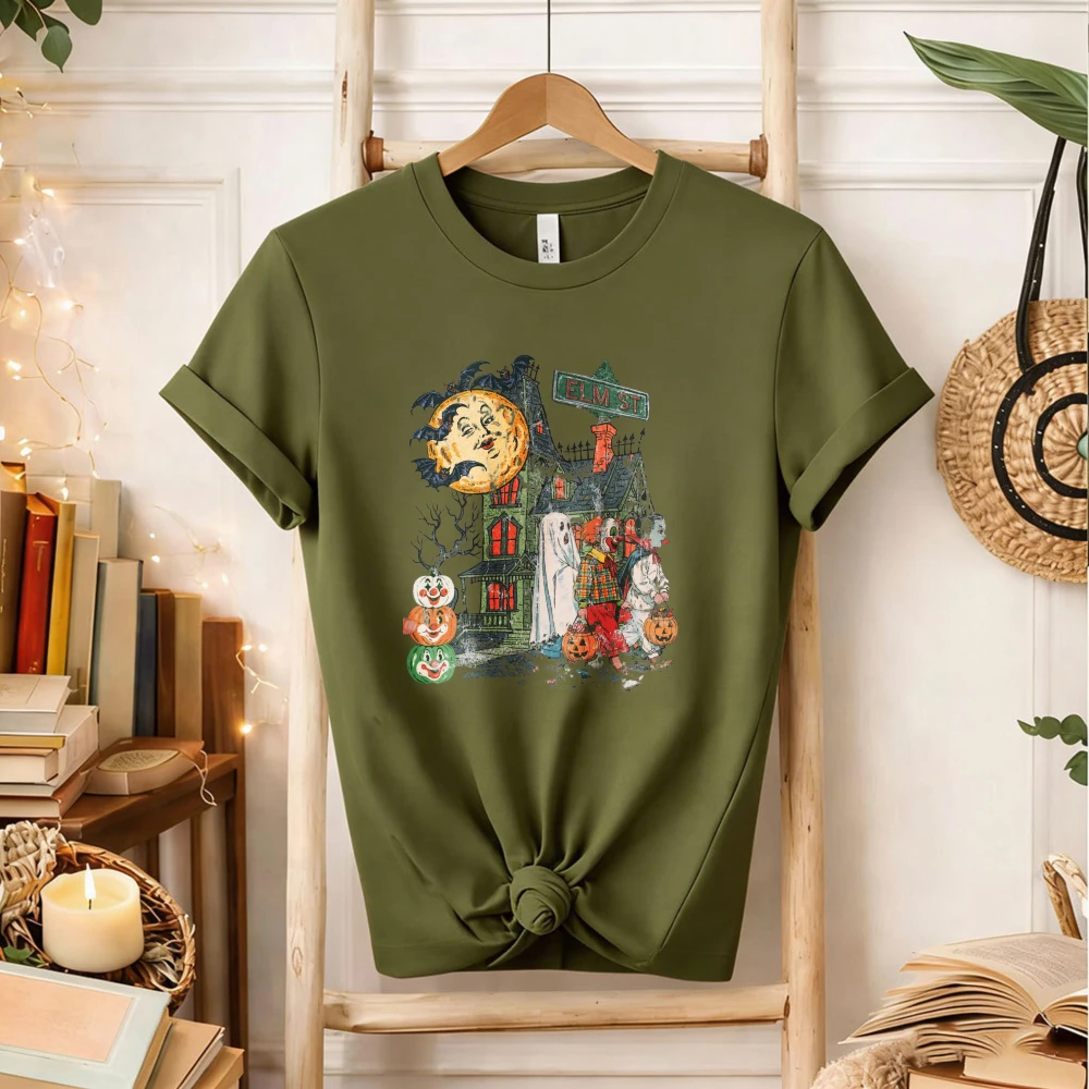 Vintage Halloween Elm St Haunted House T‑Shirt Ghost Pumpkin Bat Moon Spooky Mansion Street Sign Distressed Holiday Casual Tops