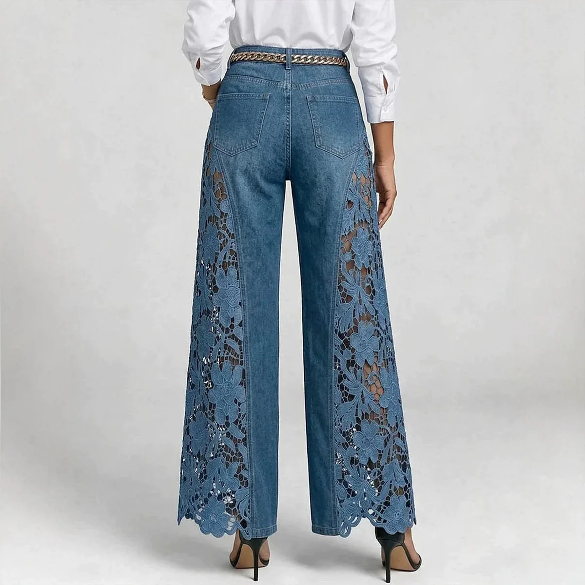 2026 High Waist Wide Leg Pants Women Spring Summer Lace Patchwork Denim Flowy Trousers