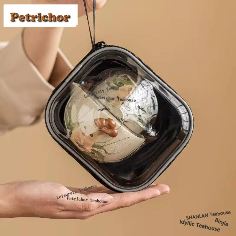HOYIHM Retro Ru Kiln Cute Rabbit Portable Travel Tea Set Kit 1 Pot 2 Cups Tea Brewing Glass Sharing Pot Tea Set Picnic Tote Bag