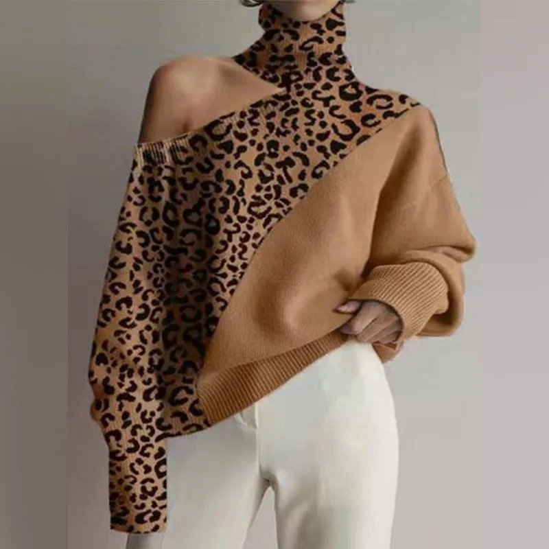

Casual Women Cut Out Sweater Top Fall Winter Sweater Female Long Sleeve Turtleneck Pullovers Lady Elegant Leopard Knitted