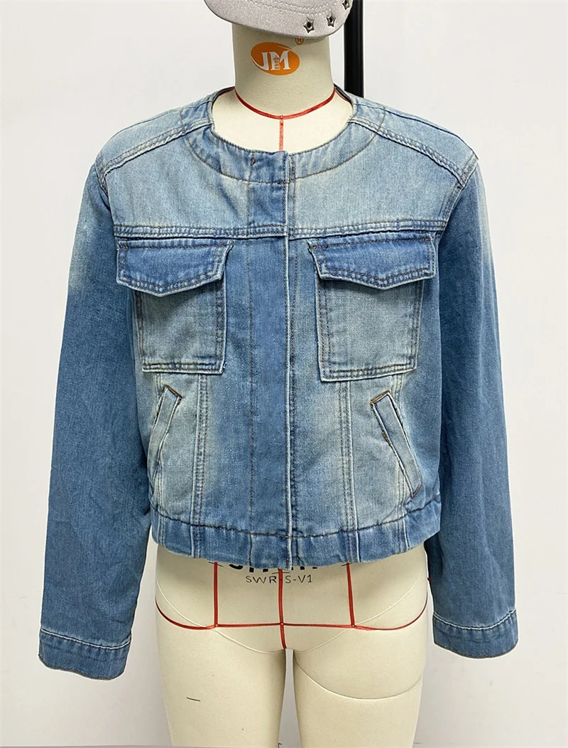 

Элегантные трендовые короткие стильные джинсовые куртки женские винтажные джинсовые куртки женские весенне-осенние тонкие повседневные джинсовые пальто с несколькими карманами 2025