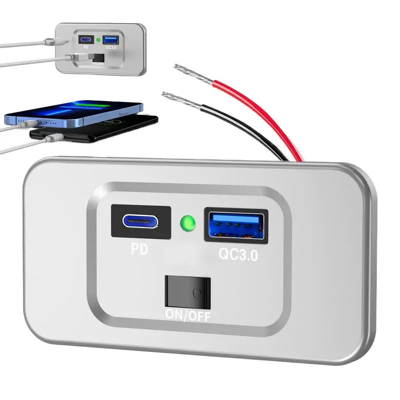 Puerto USB de carga rápida para coche, adaptador de cargador, 2 puertos USB, PD, QC3, RV, marino, ATV, camión marino