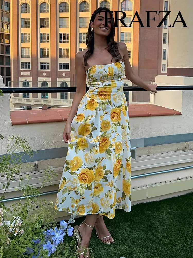

TRAFZA Women 2025 New Fashion Temperament Simple Slim Strap-Breast Yellow Printed Dress Female Elegant Sexy Backless Long Dress