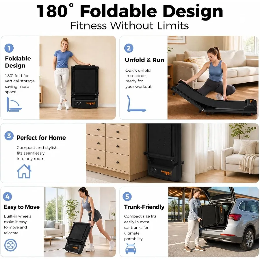 Walking Pad Under Desk Treadmill for Home Small Space, 180 Foldable Design, Steel Frame, Black, Compact Quiet Operation