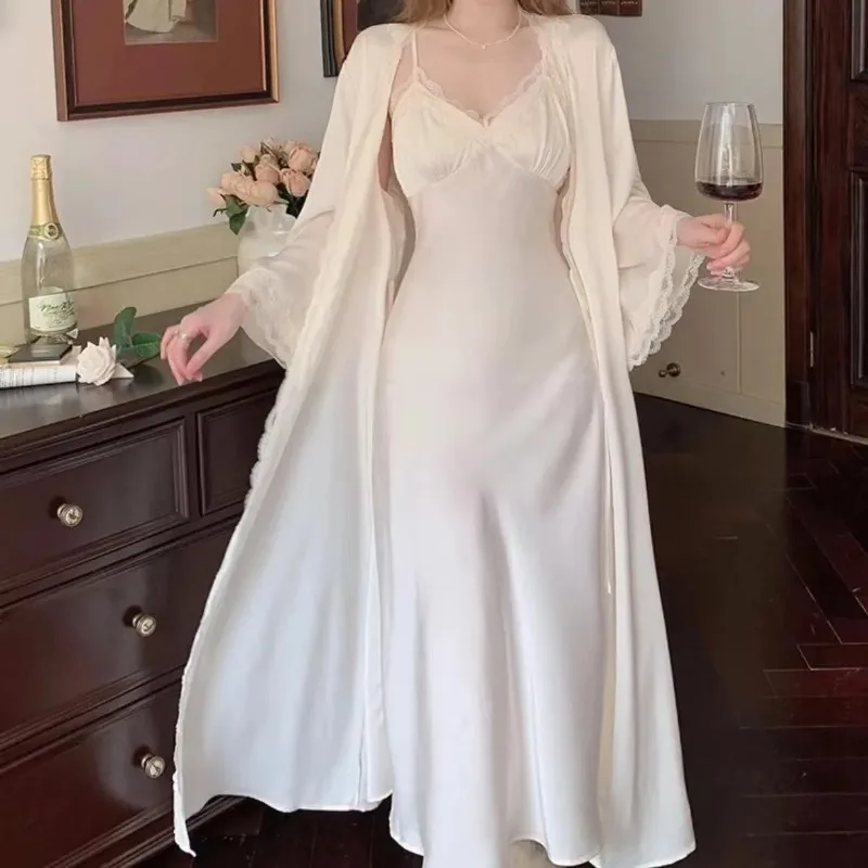 

Princess Style Robe Set 2Pcs Vestidos De Novia Nightgown Sexy Lace Patchwork Nightdress Chemise Sleepwear Long Home Hotel Dress