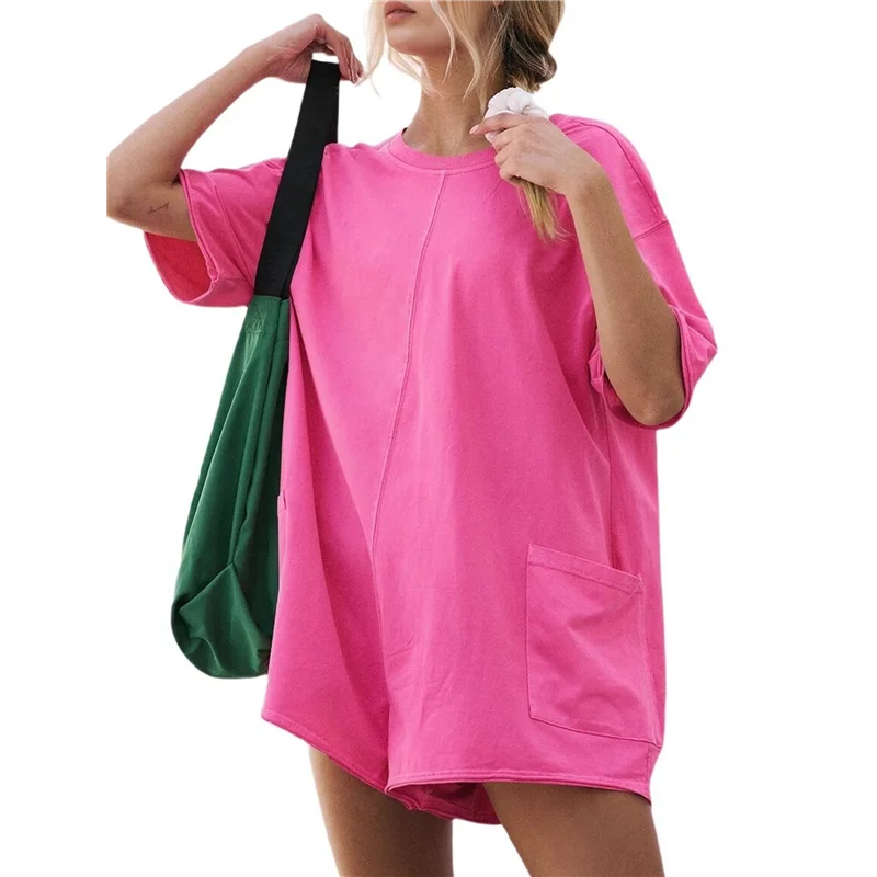 Women's Casual Summer T Shirt Dress Elastic Loose Short Sleeve Dress With Pocket For Women