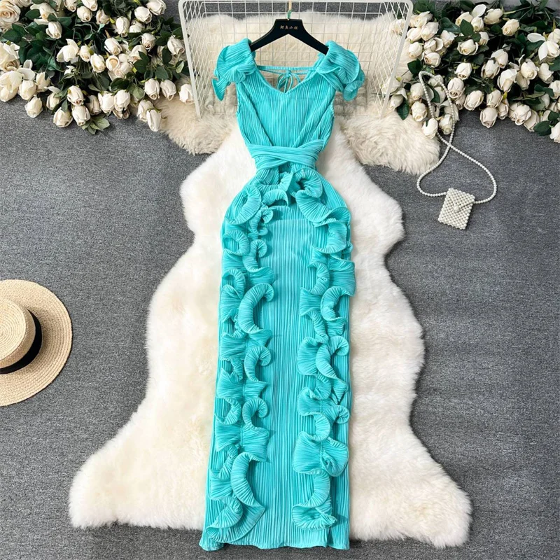 Ruffles Sleeveless Maxi Dress Women Solid O Neck Elastic Waist Fashion 2024 Ladies Summer Slim Evening Dresses