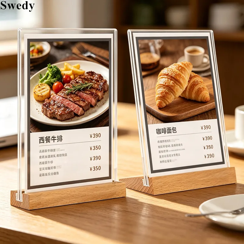 4 Pieces A5 148x210mm Wooden Acrylic Table Menu Sign Holder Display Restaurant Food Price List Stand Table Poster Card Frame