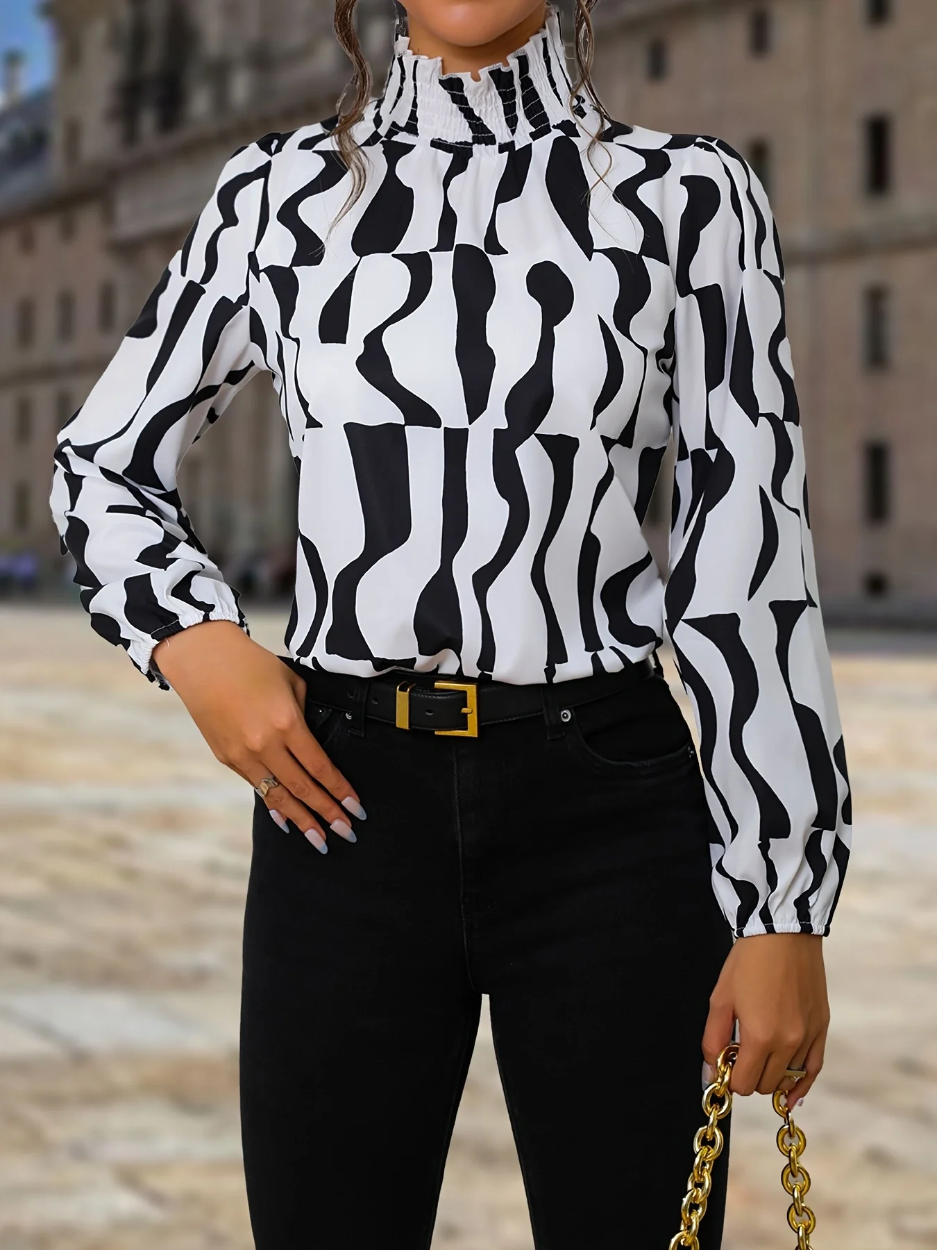 New black zebra print long sleeve shirt, elegant women\'s lantern sleeve long sleeve shirt, women\'s wear