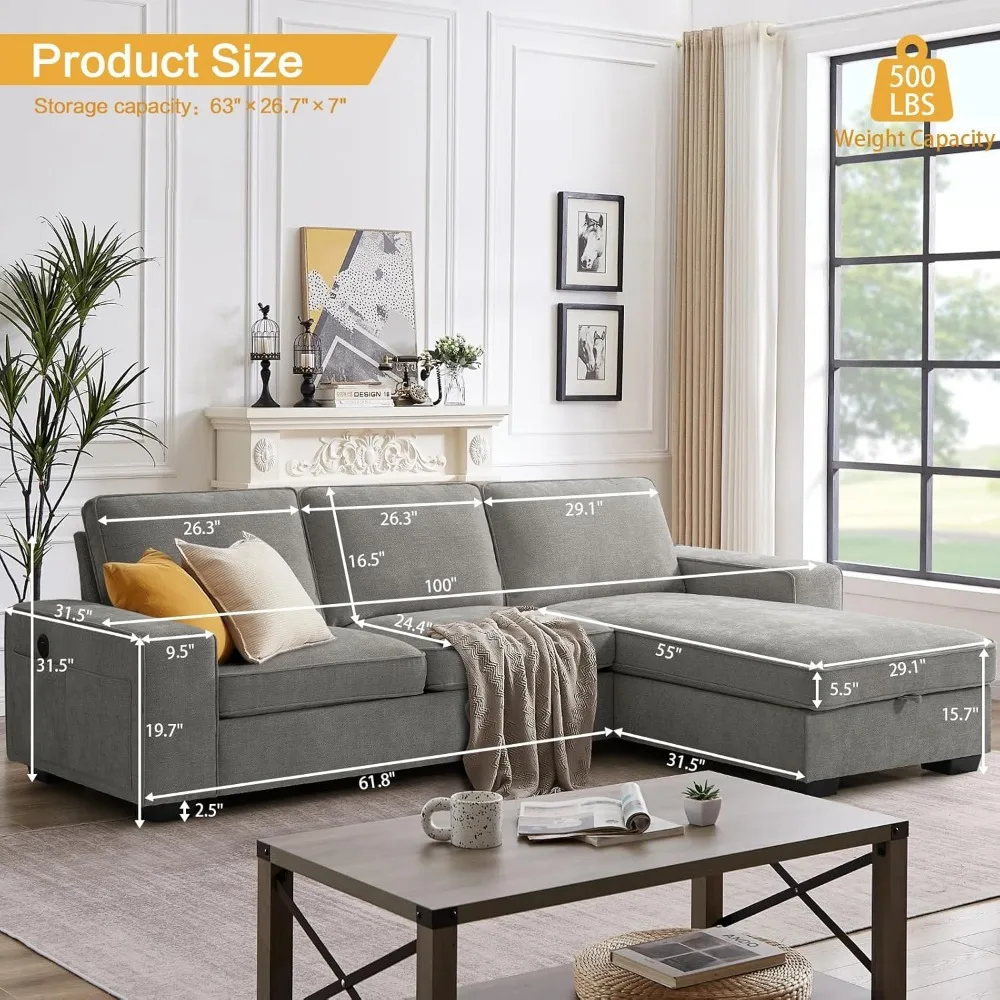 أرائك مقطعية على شكل حرف L من الشنيل لغرفة المعيشة، أريكة وحدات مريحة قابلة للتحويل مع كرسي تخزين للمساحات الصغيرة، منتصف السن