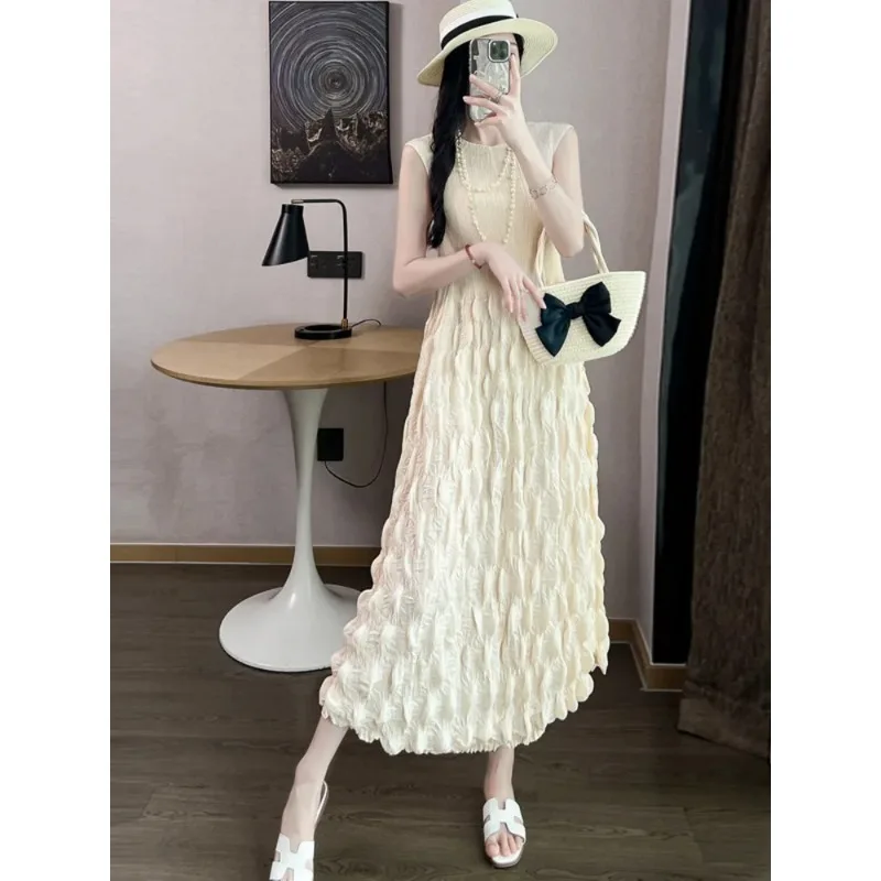 SMVP 여성용 라운드 넥 민소매 버블 플리츠 드레스, 루즈한 대형 디자인, 우아한 단색 파티 원피스, 2025 여름 신상