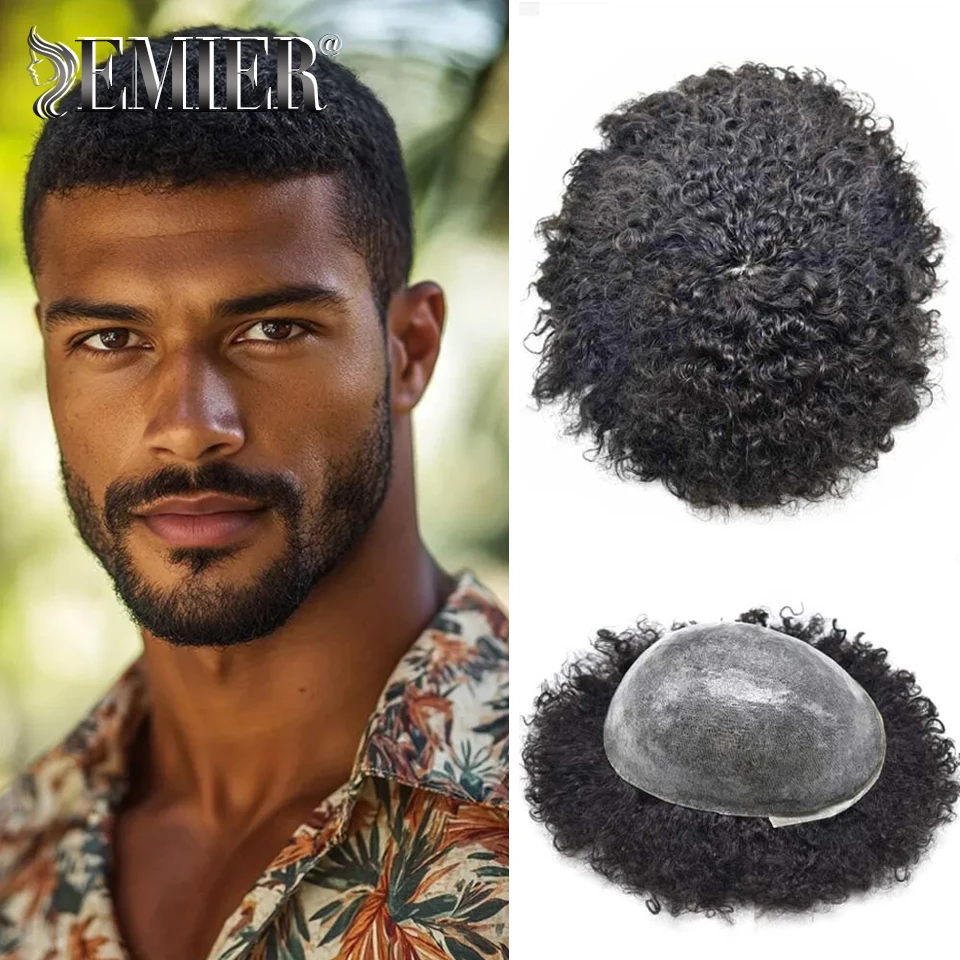 

Durable Double Knotted Full PU Base Afro Toupee For Men 100% Human Hair Wig For Men Male Hair Replacement Prosthesis System Unit