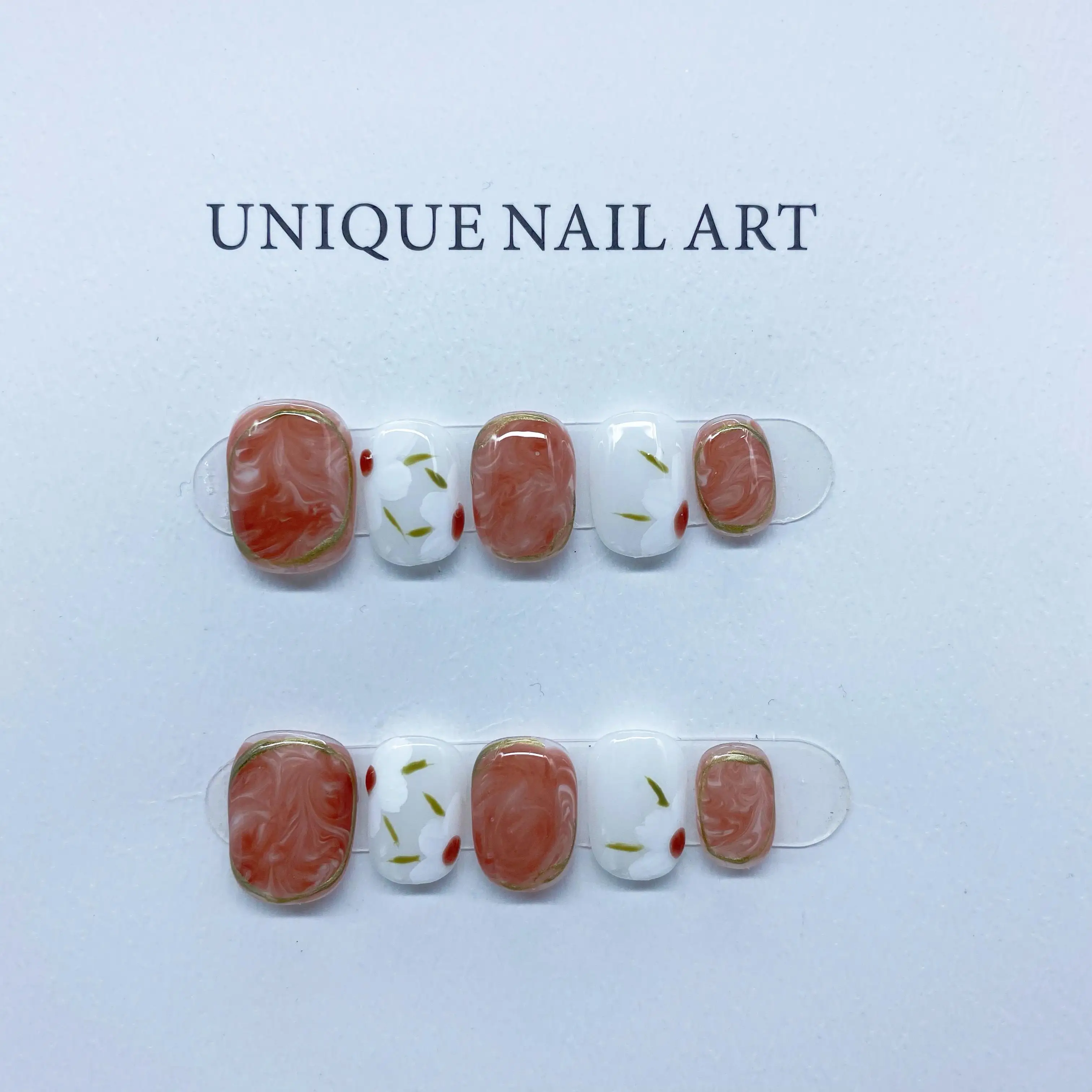 Emmabeauty Handmade Press On Nails Marble Iced Camellia Square Simple and Classic,Suitable for Work.No.B030