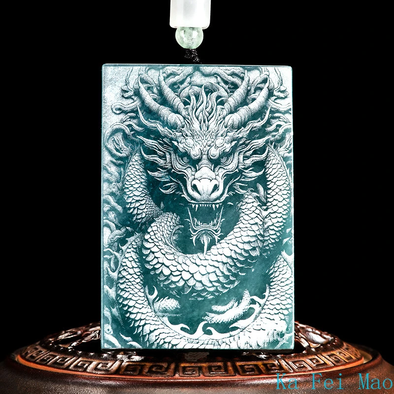 High-grade Natural Jadeite Blue Water Shadow Carving Dragon Pendant Ice Kind Great Wall Dragon Men's and Women's Necklace Amulet