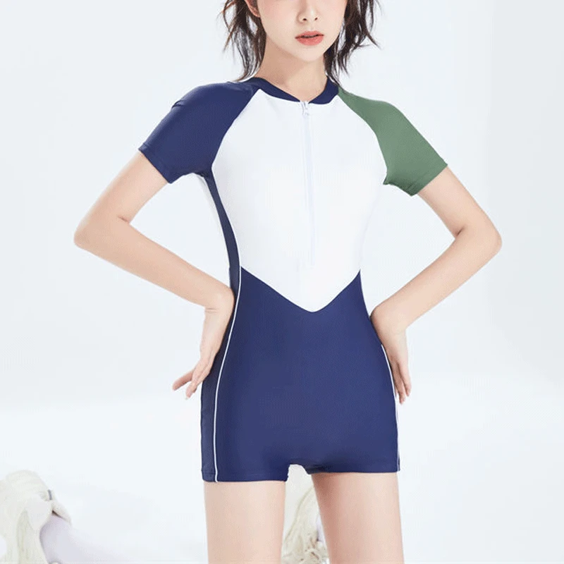 2023 New Short Sleeve Surfing One Piece Tight Contrast Youth Series Waist Retraction Conservative Beach Swimwear Bikini Swimsuit