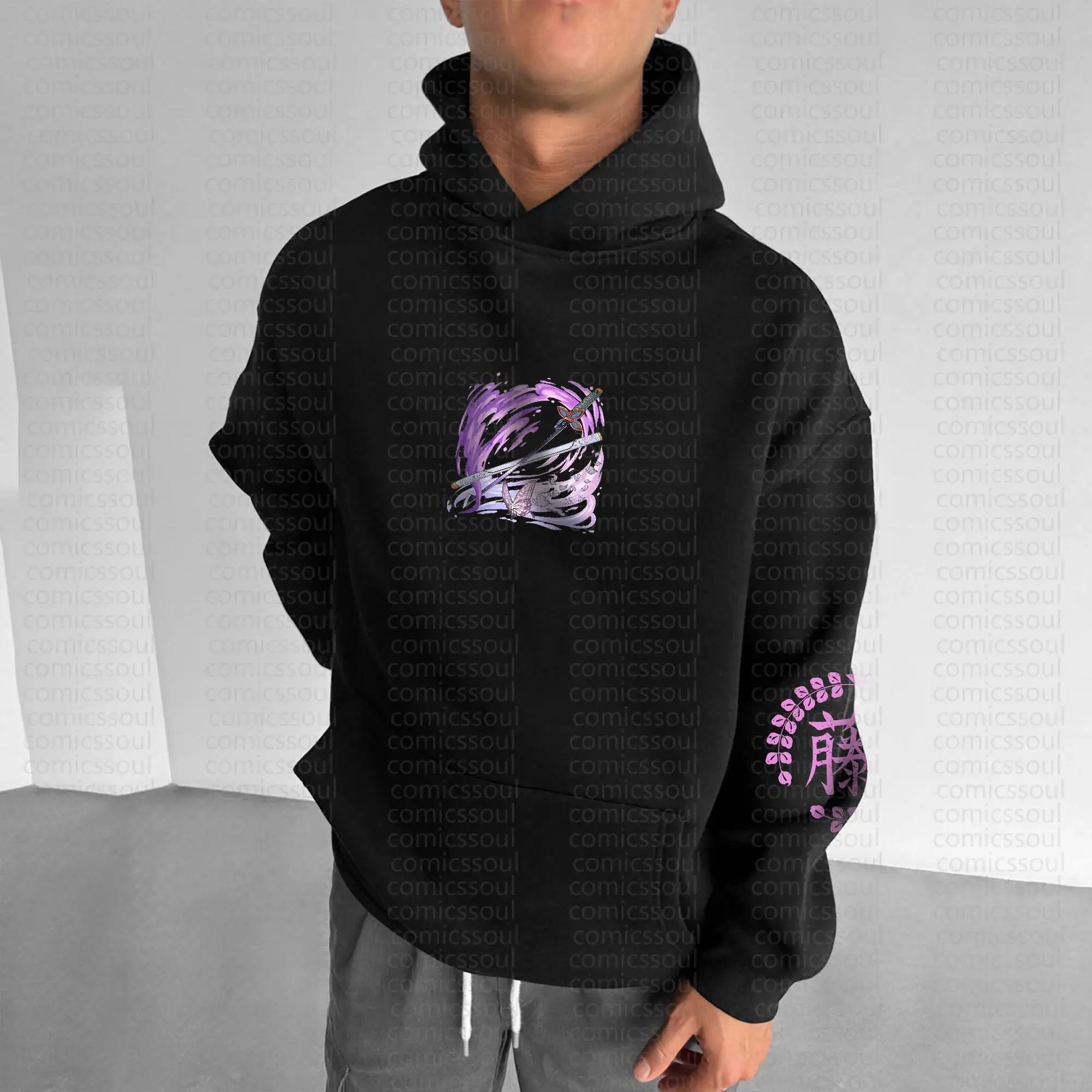 Demon Slayer Kimetsu No Yaiba Shinobu Kocho Zwarte Hoodie Paarse Vlinder Glow Print Anime Stijl Tweedelige Outfit Mouw Kanji