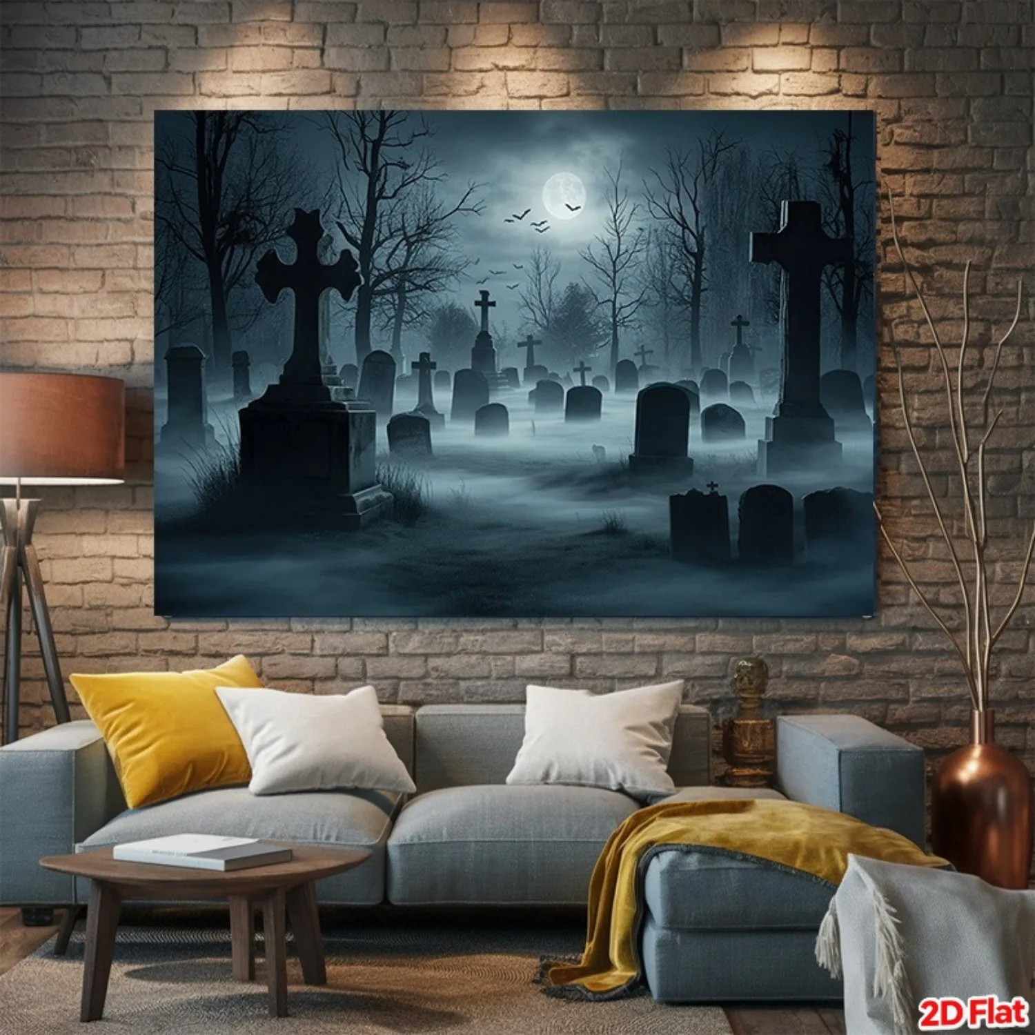 2D Flat, Gothic Cemetery Tapestry Wall Hanging - Large Horizontal Graveyard Scene with Tombstones, Full Moon & Bats - Dark Gothi