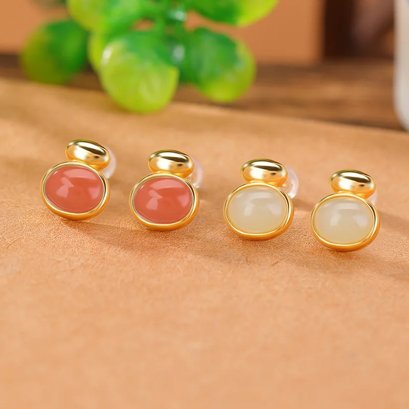 

S925 Sterling Gold-Plated Hetian Jade South Red Surface Earrings Silver Jewelry