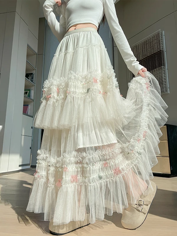 

Женская пышная юбка-сетка с цветочным кружевом, весна-лето, с завышенной талией, приталенная, А-силуэт, длинная, в корейском стиле