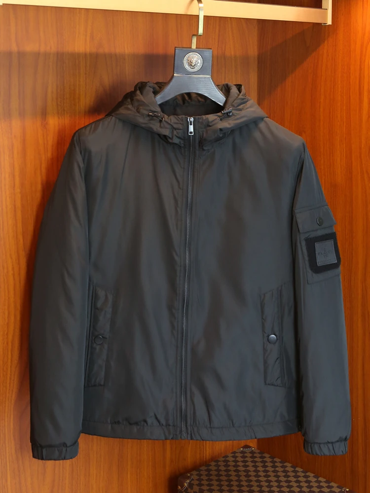 

Теплая хлопковая куртка для мужчин: модный черный топ, молодежная высококачественная приталенная верхняя одежда с капюшоном, стильная городская модель с длинными рукавами на молнии