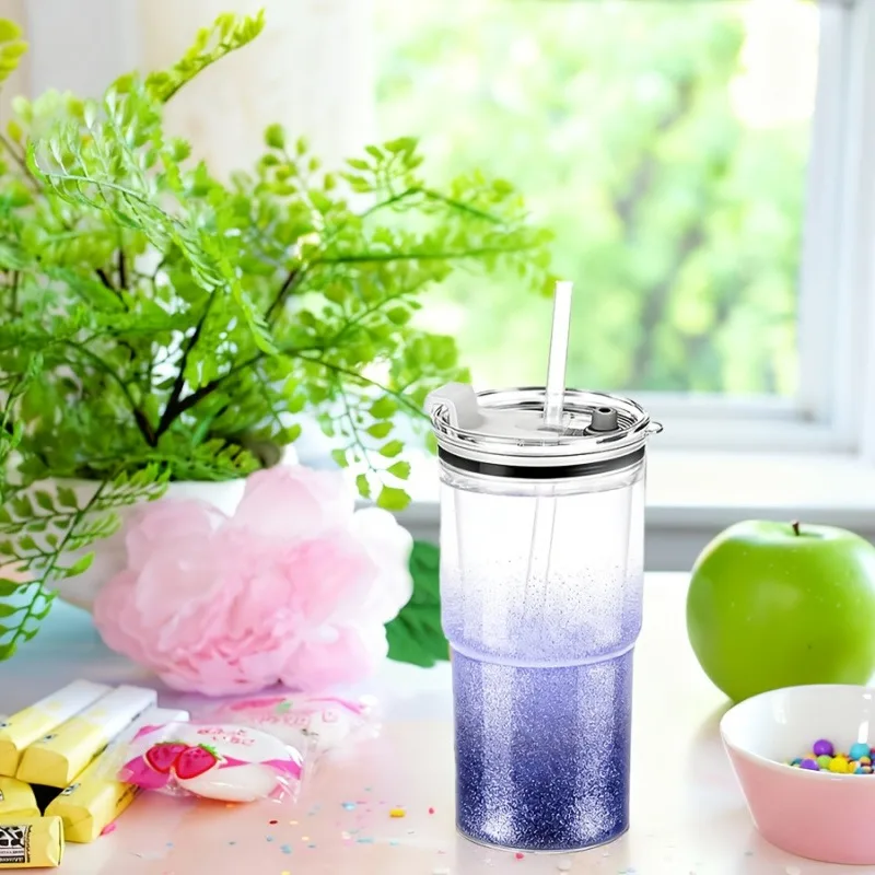 2/4PCS 18oz Double Wall Plastic Snowglobe Tumbler With Pre Drilled Hole Bottle With Straw Lid Iced Coffee Cup Reusable Drinkware
