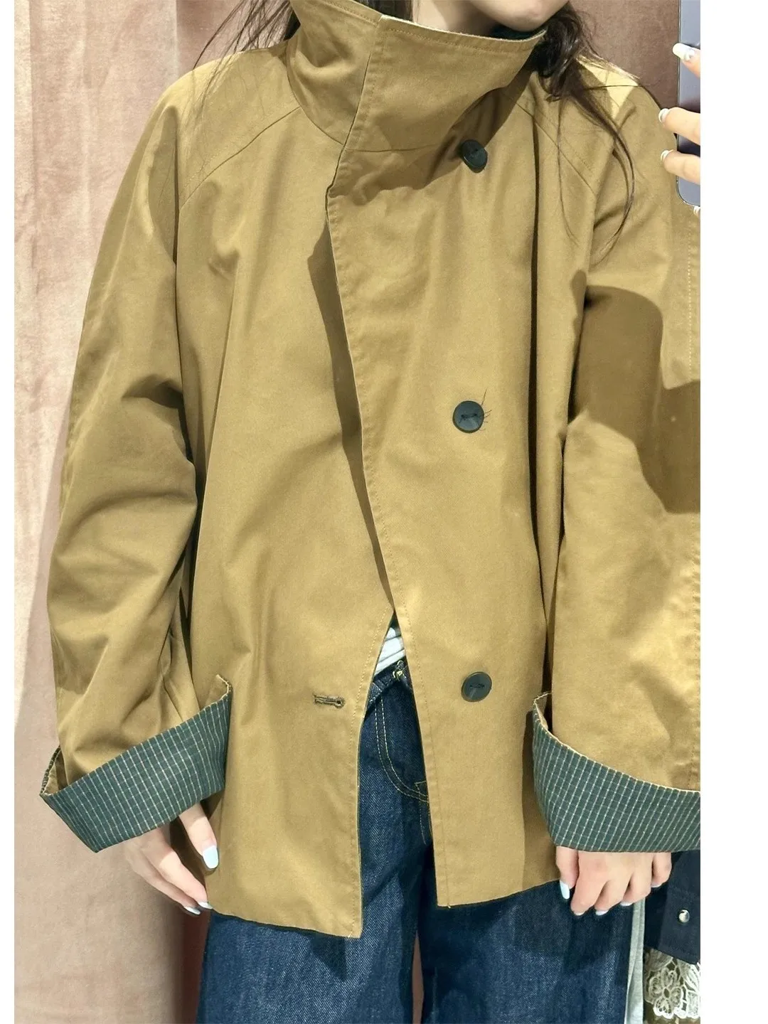 

Fall 2025 Women's Double-Sided Wear Brown High Collar Short Coat Jacket American Style Loose Fit Long Sleeve Pure Color