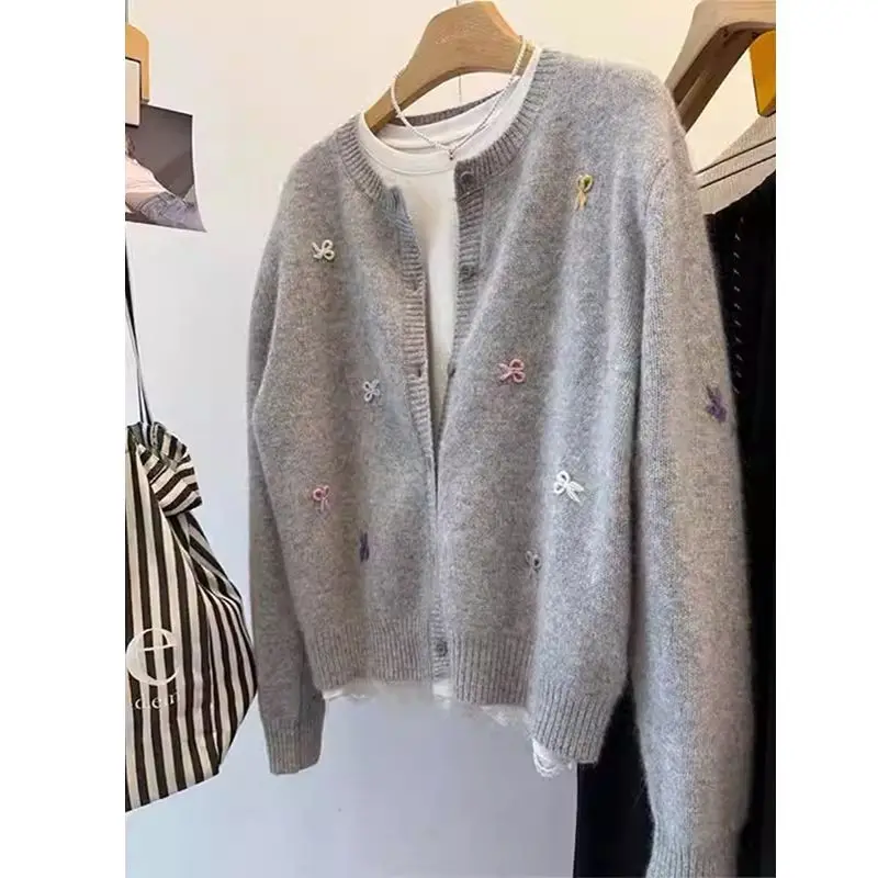 Coreano tridimensional decorativo arco macio camisola cardigan feminino solto doce camisola de malha xale jaqueta