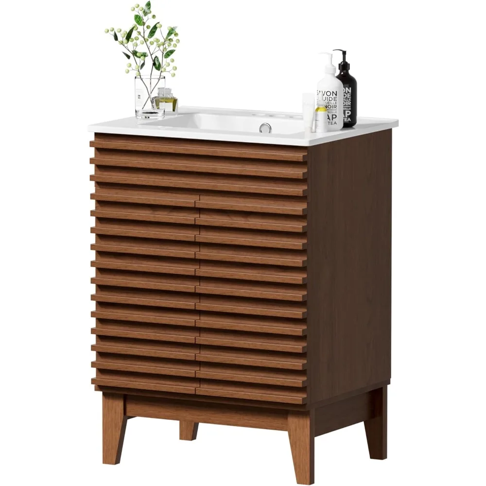 

Bathroom Vanity with Ceramic Sink, Mid-Century Bathroom Vanity Cabinet with 2 Soft Closing Doors, Freestanding