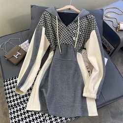 Women's Korean Vintage Embroidery Plaid Patchwork Y2K Hooded Dress Luxury Chic High Waist Long Sleeve Bodycon Sexy Mini Dresses