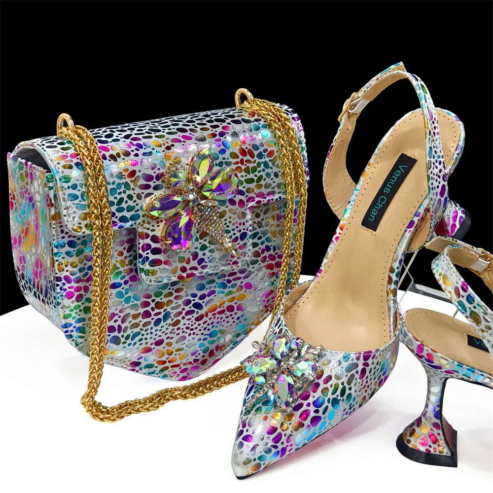 doershow Italian silver Shoes And Bag Sets For Evening Party With Stones Italian Leather Handbags Match Bags! HDF1-13