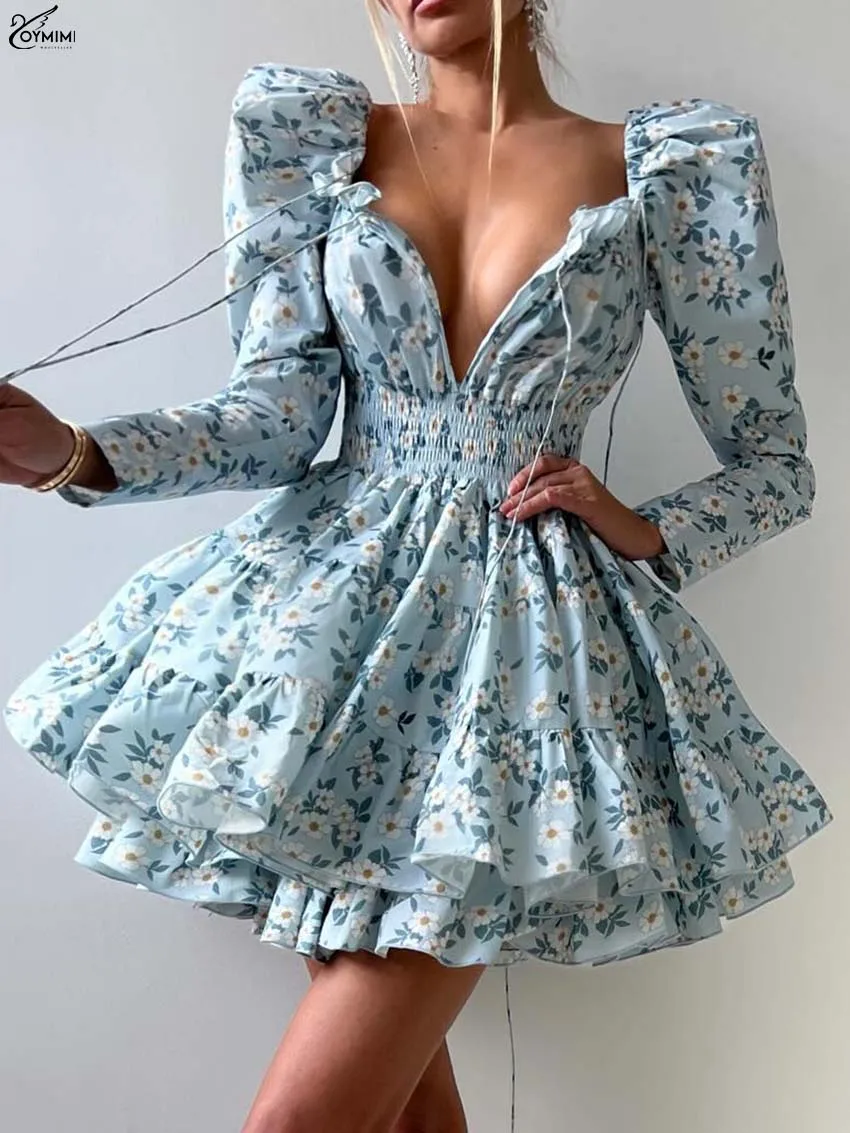 

Oymimi Casual Blue Print Dresses 2025 Woman Fashion Square Neck Long Sleeev Lace-Up Dresses Autumn High Waisted Loose Mini Dress