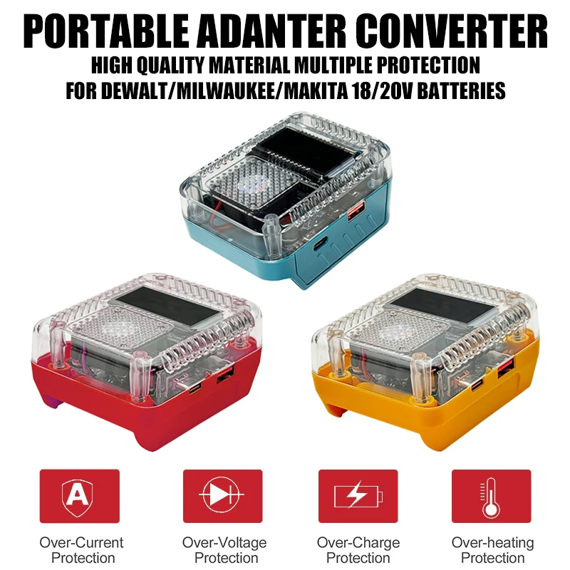 

Адаптер для зарядки/разрядки цифрового дисплея, USB-зарядка, совместимые с аккумуляторами DEWALT/Milwaukee/Makita 18/20 В, 140 Вт, PD3.1 TYPEC