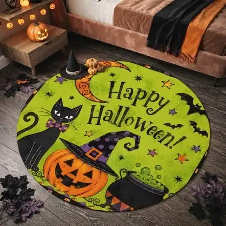 Round Area Rug Happy Halloween Black Cat Witch Hat Pumpkin Cauldron Print for Living Room Decor