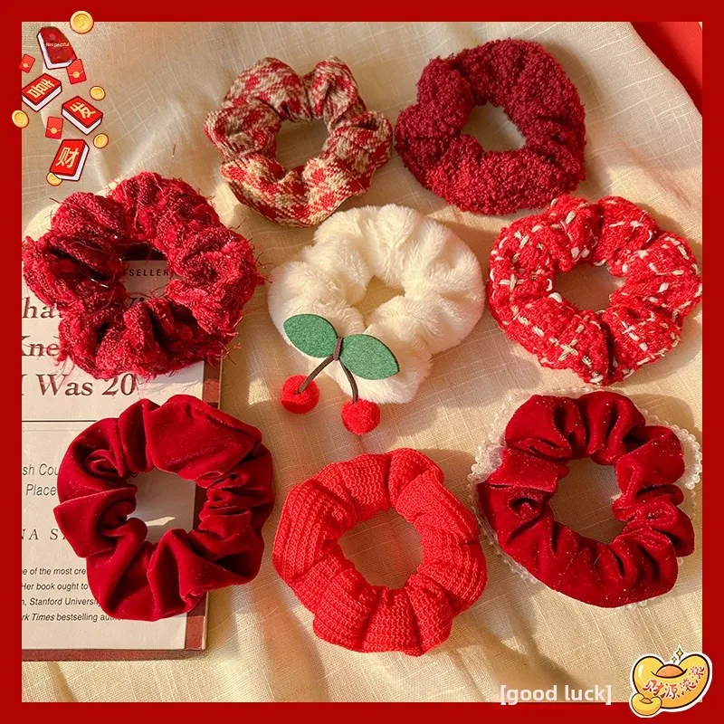 

New Year Red Plush Hair Ties Women's Bun Hair Ties Celebration Hair Bands 2025 New Style Elastic Hair Accessories