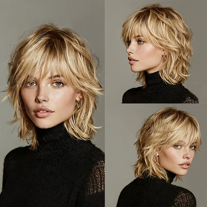 

Fully Mechanized 6inch Synthetic Wigs 180% Density Mullet Style Wig Golden Color Breathable and Comfortable Suitable for Various Occasions