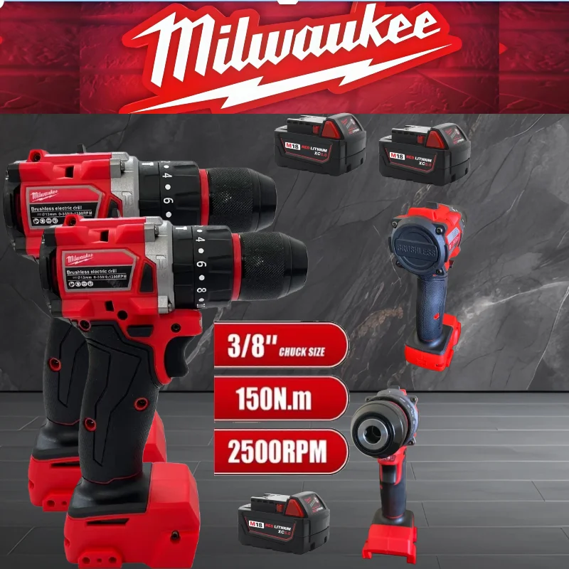 

Milwaukee Brushless Impact Drill 150N.m Cordless Electric Drill 20+3 Torque Small Drill Hammer Multifunctional Power Tools