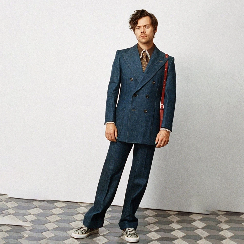 

Fashion Men's Suits Luxury Double Breasted Peak Lapel Slim Fit Male Clothing Daily Denim 2 Piece Jacket Pants Outfits Blazer Set