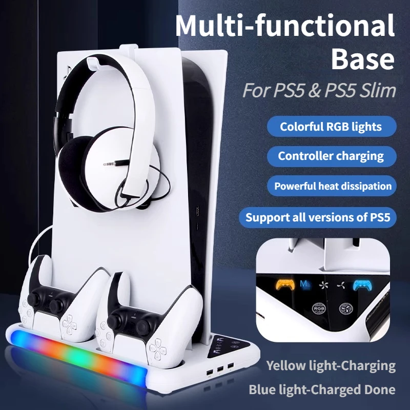 RGB Base for Sony PS5 All Version Console PS5 Slim with Headphone Stand and Controller Charging Port Effect and Cooling Fan