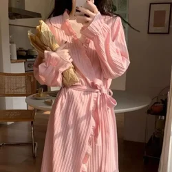 2023 Women's Autumn Winter Sweet Nightgown V-neck Sweet Sleepwear Lace Up Bathrobe Long Dressing Gown Homewear Flounce Pajamas