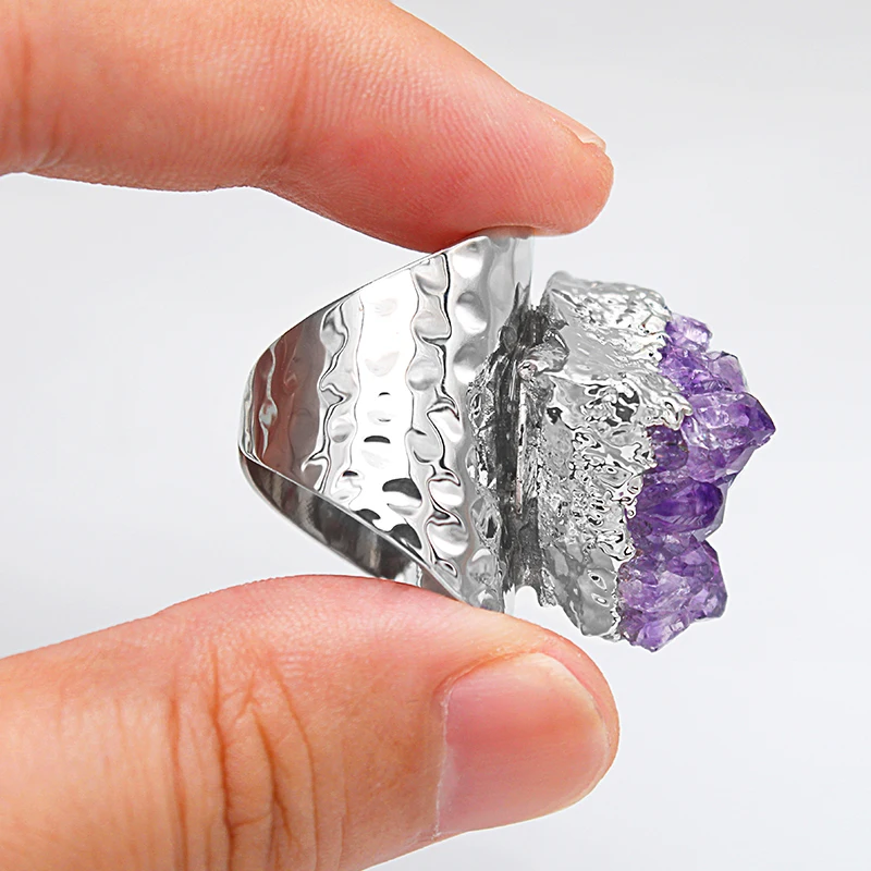 Irregular Rough Stone Amethyst Open Ring for Women Purple Crystal Cluster Gemstones Finger Jewelry