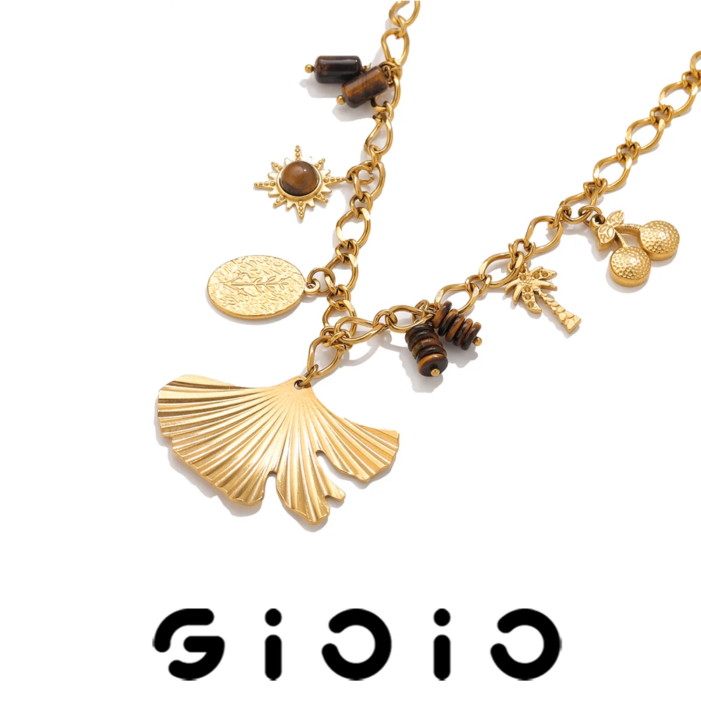 

GIOIO Trendy Retro Leaf Stainless Steel Pendant Necklace Tiger Eye Natural Stone Gold-Plated Necklaces Women's Fashion Jewelry