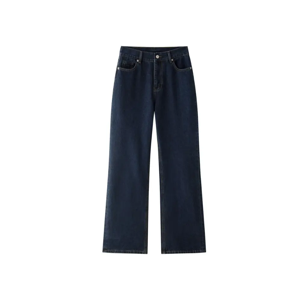 Damskie ciemnoniebieskie jeansy o prostym kroju w stylu retro-modern koreańskim, casualowe, dopasowane spodnie na zimę.