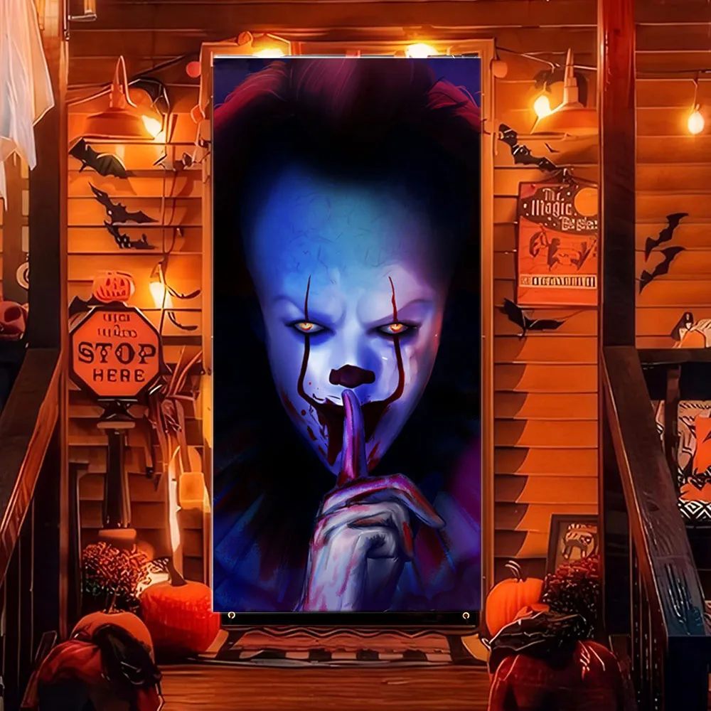 Halloween Decoration Joker Clown Door Cover Horror Killer Backdrop Banner For Front Door Porch Halloween Door Decorations