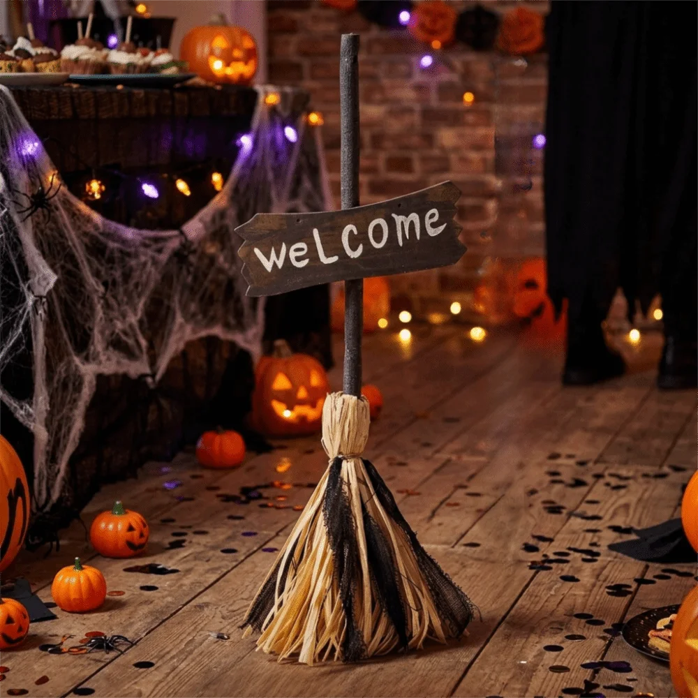 Voice-activated Halloween Witch Broom Glowing with Welcome Sign Halloween Electric Broom Movable Flexible Handle 3